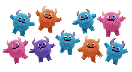 Colorful furry and cute monster dancing and waving 3D render character cartoon style Isolated on transparent background
