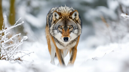 Obraz premium A wolf strides across a snowy landscape