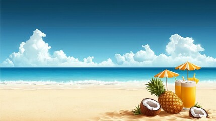 Obraz premium Tropical Beach Scene with Pineapple and Coconut Drinks Sunny Shoreline Digital Art Relaxing Atmosphere Vibrant Colors