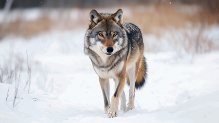 Fototapeta premium A wolf strides across a snowy landscape