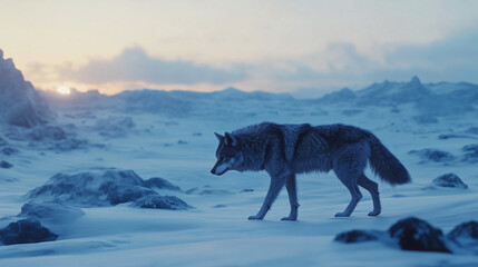 Fototapeta premium A wolf strides across a snowy landscape