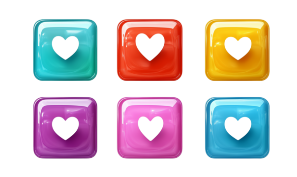 Colorful Glossy Heart Buttons Love App Icons UI Design, Transparent Background, Ai Generative Images