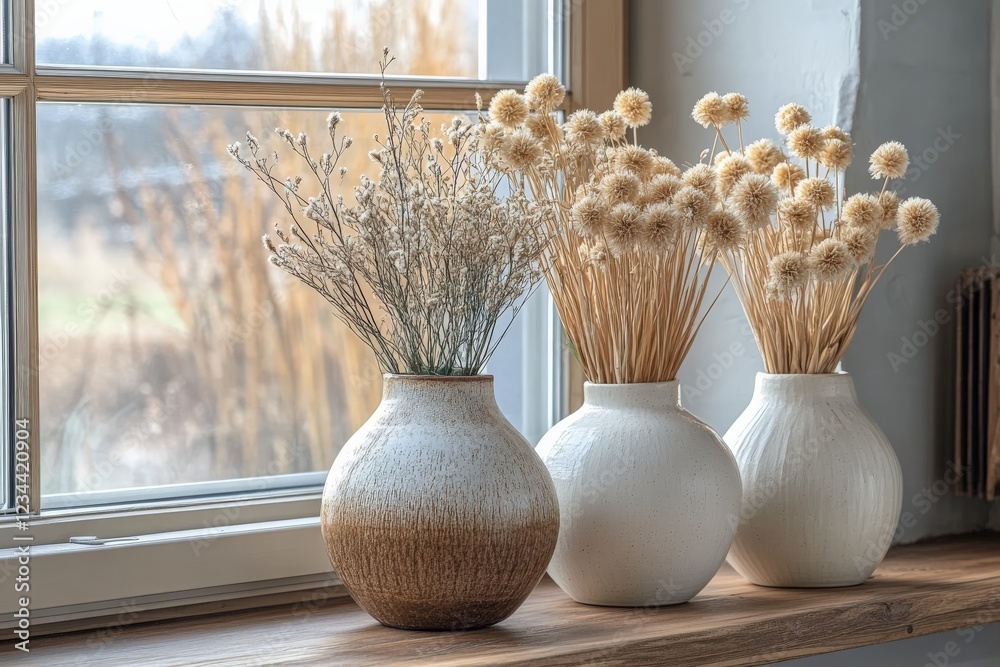 Aufkleber beautiful vases with dried flowers arranged on a wooden windowsill in a serene home setting