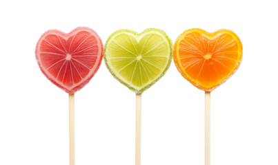 Heart Shaped Citrus Candies Grapefruit Lime Orange Lollipops, Transparent Background, Ai Generative Images