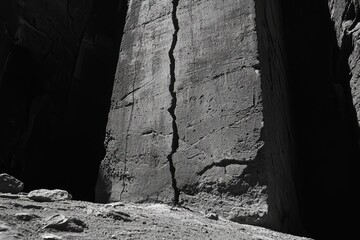 Large cracked stone pillar in a shadowy environment.