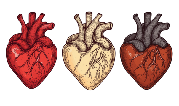 Three Artistic Human Hearts Anatomy Illustration Red Beige Brown Medical Healthcare, Transparent Background, Ai Generative Images