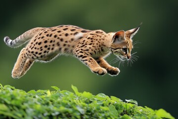 Obraz premium Serval leaps gracefully over lush greenery in its natural habitat showcasing agility and playfulness