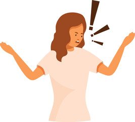 Woman expressing anger, shouting and arguing with raised hands and exclamation marks