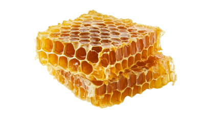 Golden honeycomb with sweet honey texture isolated on transparent background, natural bee product design element for healthy food, organic nutrition, dessert topping, culinary ingredient