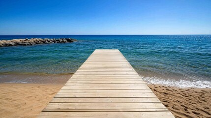 Obraz premium Scenic Wooden Dock on Serene Beach Ocean View Summer Bliss Tranquil Environment Inviting Perspective