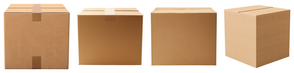 Plain cardboard box isolated on transparent background, PNG, Set of