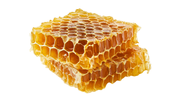Golden honeycomb with sweet honey texture isolated on transparent background, natural bee product design element for healthy food, organic nutrition, dessert topping, culinary ingredient