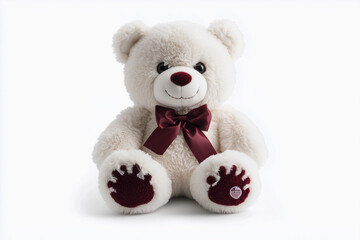 a white teddy bear with a red bow on its neck sitting down on a white background with a white background