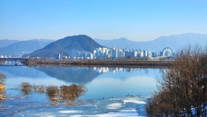 Fototapeta premium winter panoramic view of the Han River, Chuncheon, South Korea