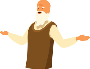 Happy grandfather showing something with open hands, presenting or welcoming, isolated on white background