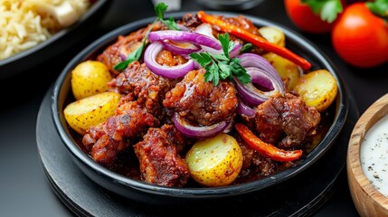 Fototapeta premium Delicious kyrgyz kuurdak a hearty meat dish kyrgyzstan culinary delight rustic kitchen close-up food culture