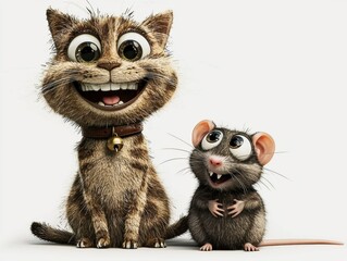 Fototapeta premium A Whimsical Friendship: A Cat and a Rat Standing Together with Mice in a Colorful 3D Cartoon World