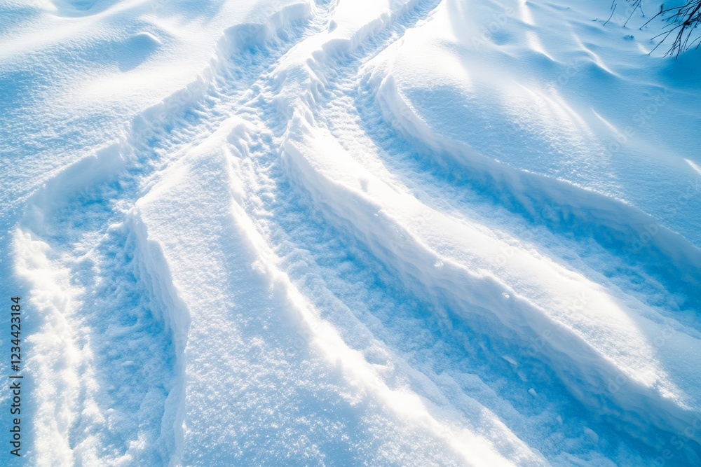 Poster snow-covered path with distinct tire tracks in a serene winter landscape during daylight