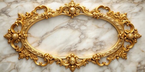 A golden frame with ornate details rests on a marble surface, showcasing a serene and elegant atmosphere