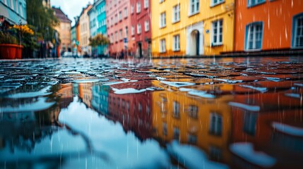 A rainy day in a city with colorful buildings reflected on wet street.