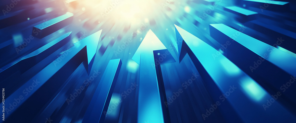 Poster Abstract digital image with glowing blue arrows in motion, symbolizing direction, progress, speed, and futuristic technology in a dynamic environment.