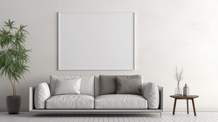 Minimalist Living Room with White Sofa and Blank Frame