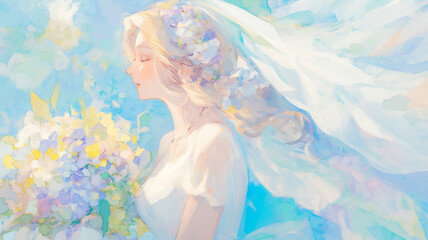 純白のドレスと青い紫陽花｜エレガントなブライダルフォト。優しい水彩タッチのイラスト。