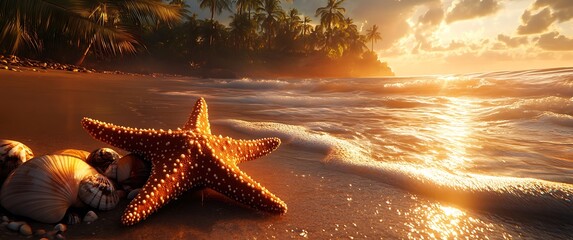 Fototapeta na wymiar A beautiful starfish is on the beach, surrounded by seashells and palm trees