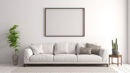 Minimalist Living Room with White Sofa and Blank Frame