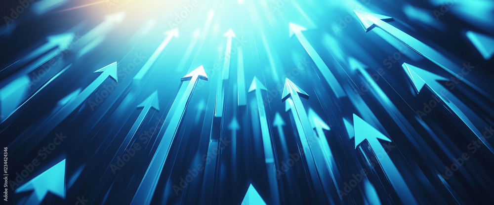 Poster abstract image of blue 3d arrows pointing upwards, symbolizing progress, growth, and positive moveme