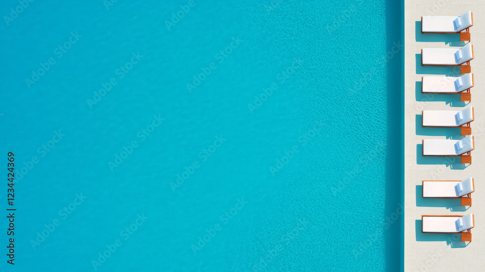 Poster An elegant overhead angle showcasing multiple lounge chairs lined up along the poolâ€™s edge, each topped with a perfectly rolled white towel,