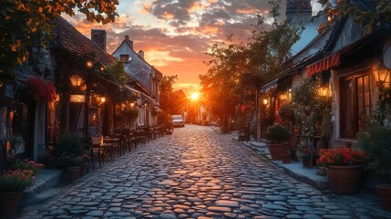 Obraz premium cobbled street at sunset.