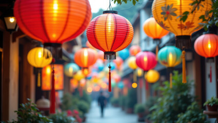 Colorful lanterns hanging from a wooden structure, creating an inviting atmosphere for celebration.