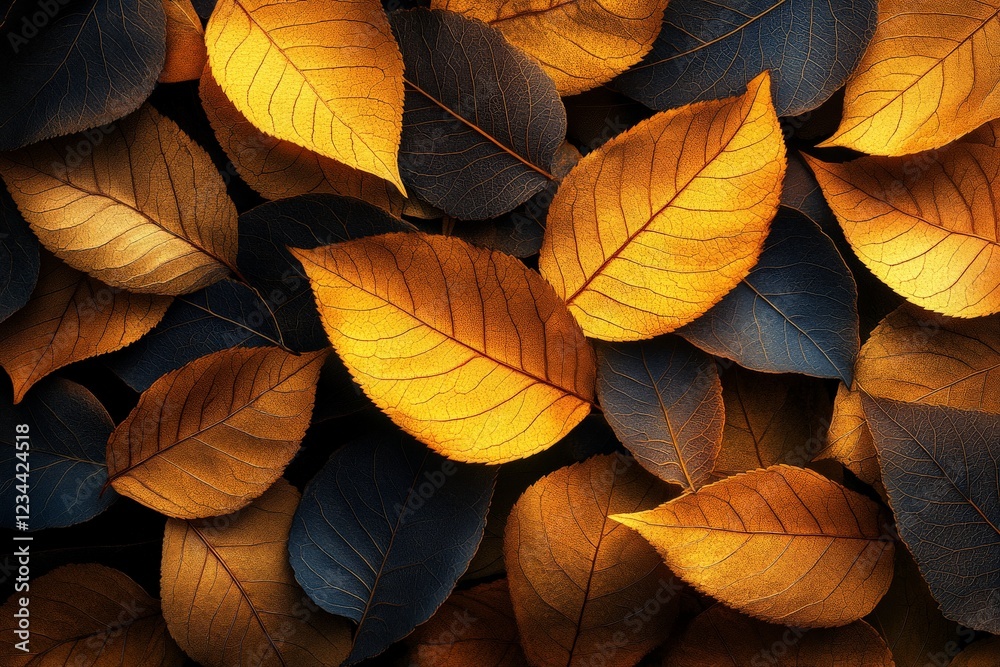 Poster autumn leaves in vivid colors scattered on a dark surface create a stunning natural pattern