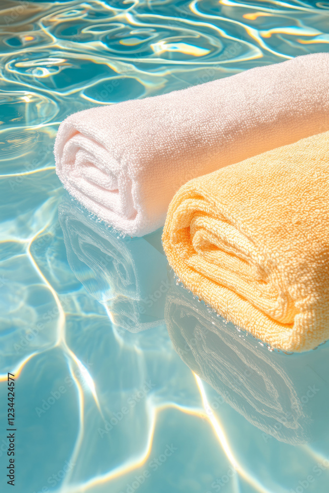 Poster a refined macro perspective focusing on the texture of the rolled towels, the sunlit water reflectin