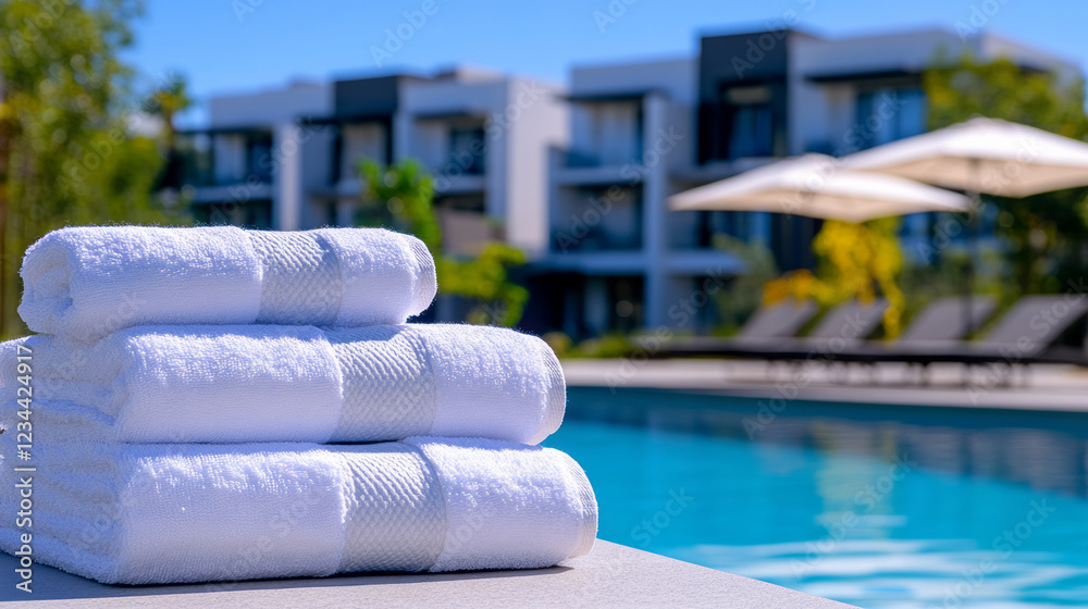 Poster a creative angle framing the towels in the foreground, while a modern resort pool area with sun umbr