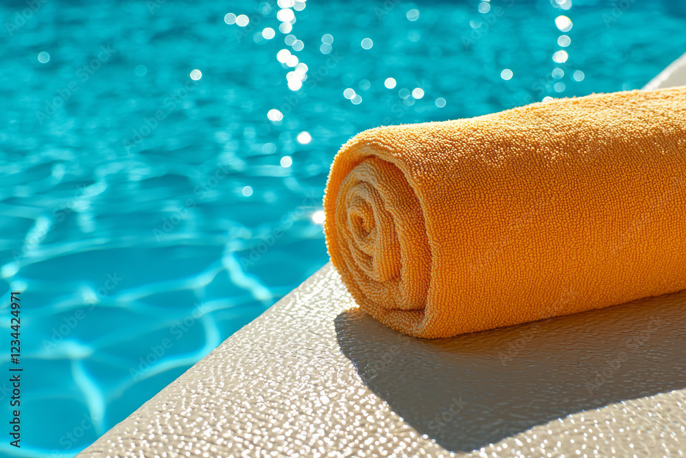 Poster A sharp focus on one sunbedâ€™s towel roll, with the rest of the pool and matching loungers softly fading into bokeh,