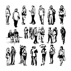 Set of full-body characters in motion, interacting with each other. Hand-drawn sketch of groups of people. Black and white doodle vector illustration.