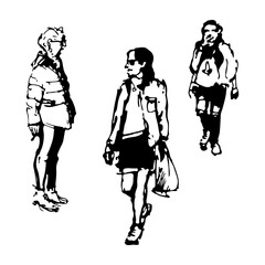 Woman in glasses with a cigarette and two walking girls. Full-body character. Hand-drawn sketch.