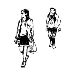 Two walking girls. Full-body character. Hand-drawn sketch.