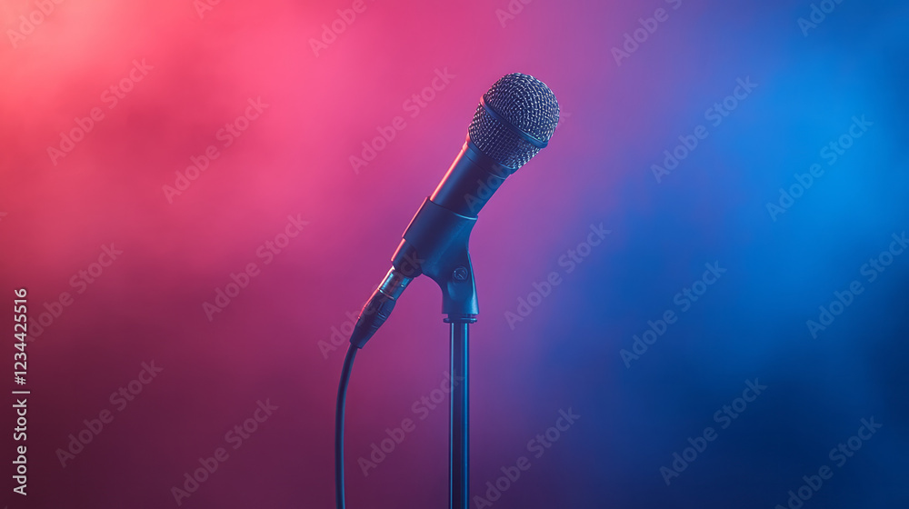 Poster a vertical layout capturing the mic stand from base to top, overshadowed by vibrant red and blue lig
