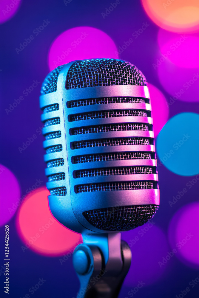 Poster A dynamic composition capturing the top of the microphoneâ€™s mesh grill in crisp detail, with swirling pastel lighting enveloping the background performers,