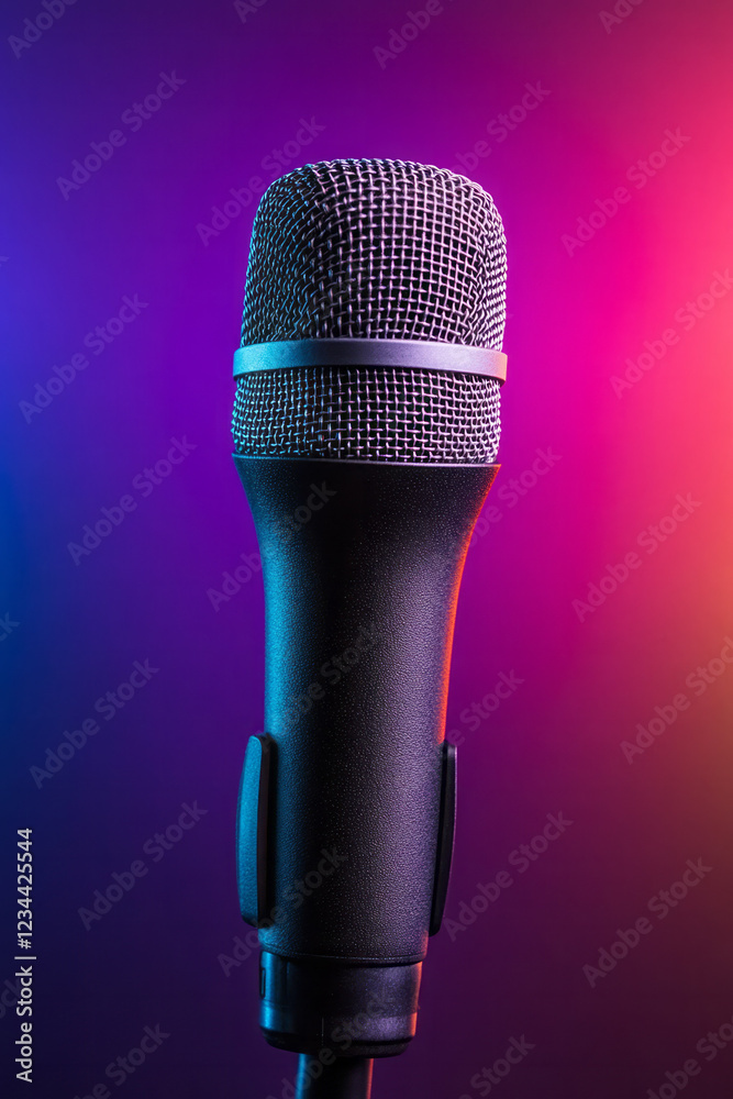 Aufkleber A dynamic composition capturing the top of the microphoneâ€™s mesh grill in crisp detail, with swirling pastel lighting enveloping the background performers,