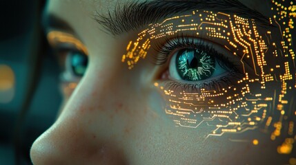 Girl's eye with circuit board overlay, close-up, dark background
