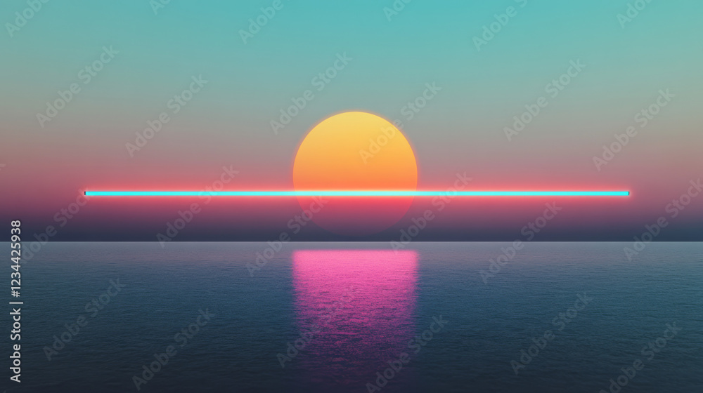 Poster a minimalistic horizontal layout with a solitary uv tube bridging across a dark void, exuding neon-b