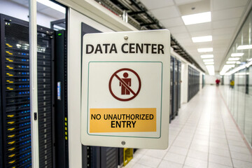 A sign indicating "Data Center" with a warning about unauthorized entry, set against a backdrop of server racks and a well-lit corridor.