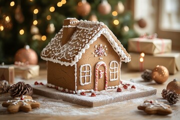 Delightful gingerbread house decorated with icing and candies on a festive table surrounded by holiday decorations