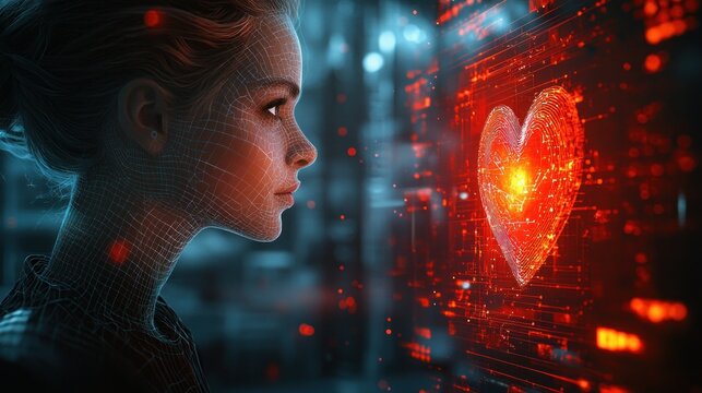 Girl views digital heart on screen in tech background