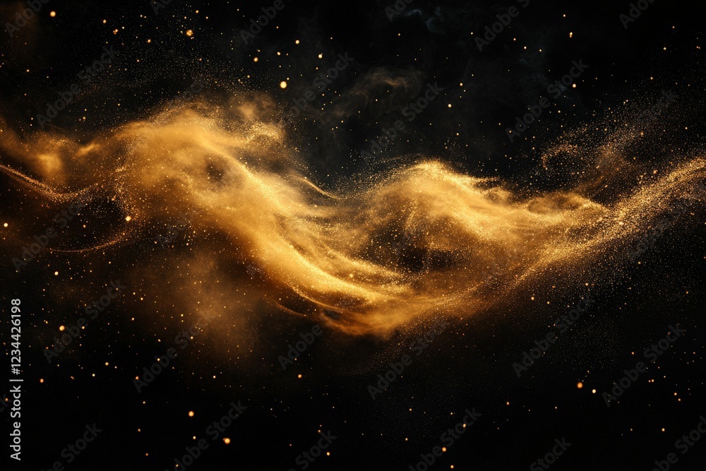 Poster golden cosmic dust swirling in a dark space setting with twinkling stars scattered throughout