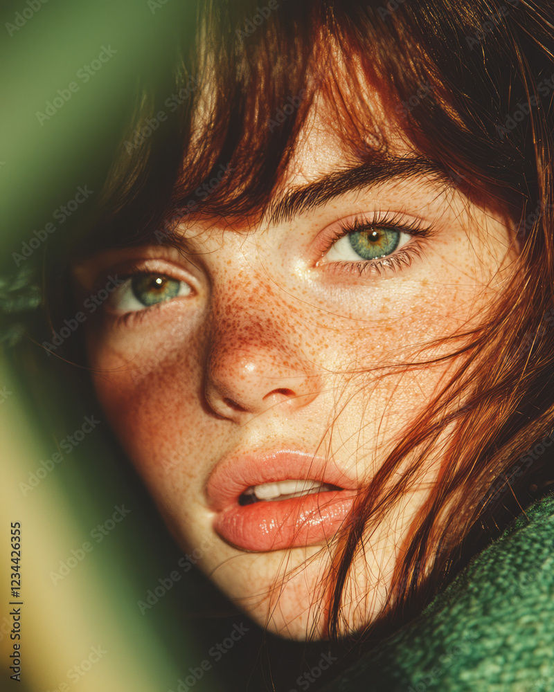 Poster A refined macro look emphasizing the subtle freckles on her cheeks and nose, set against a softly blurred summer field flooded with sunlight,